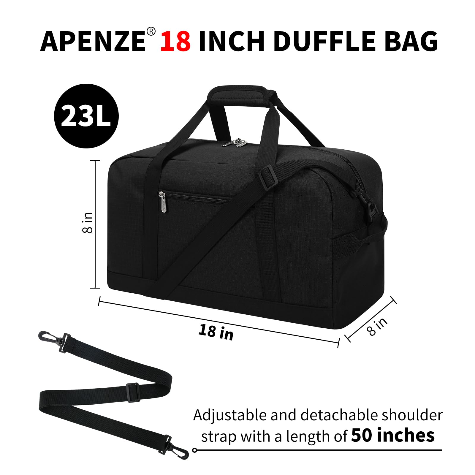 Apenze Small Gym Bag 18 inch Carry On Duffel Bag for Weekender Travel - Black