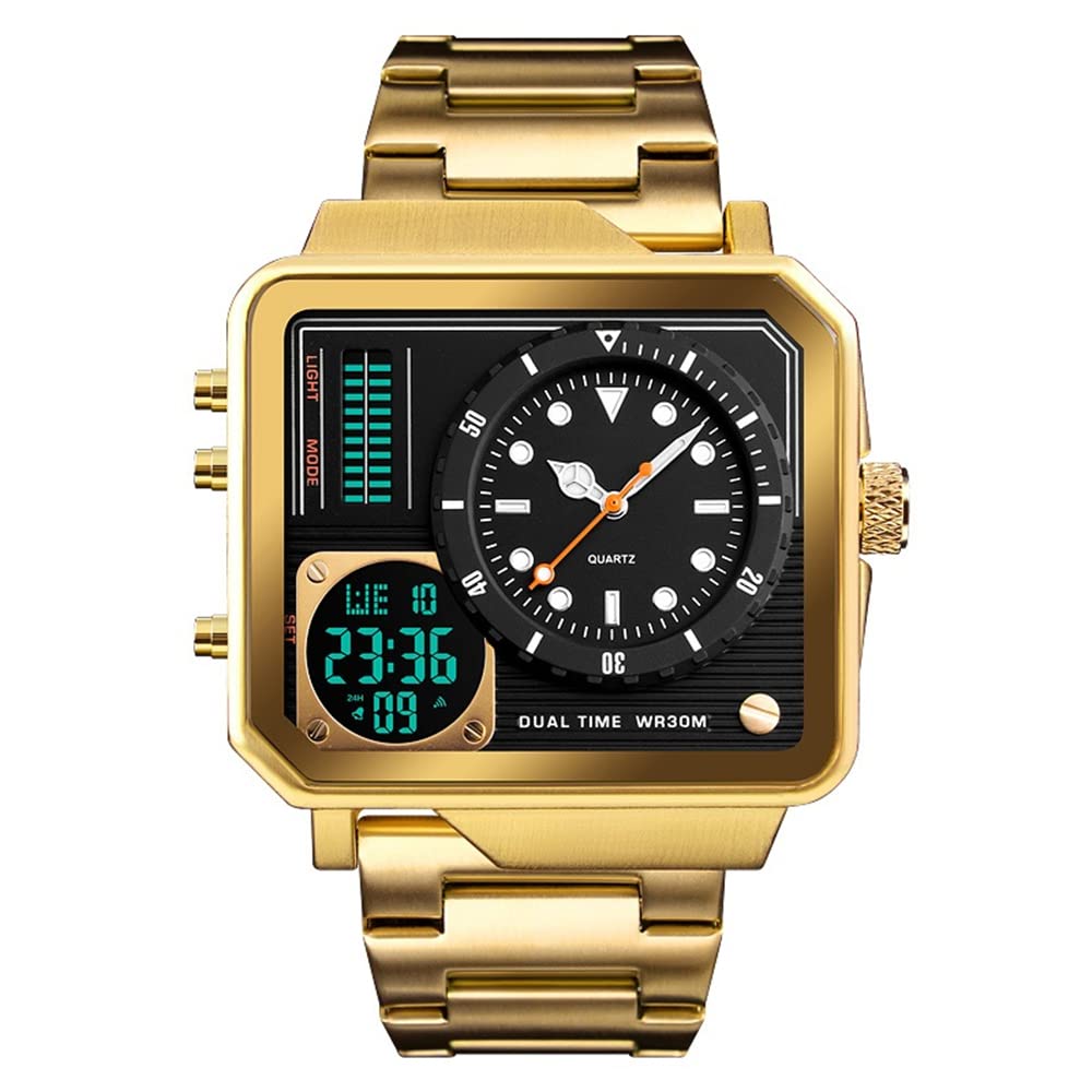 FeiWen Mens Stainless Steel Digital Sports Quartz Watch LED Analog Dual Display Square Dial Fashion Casual Business Watch, Gold