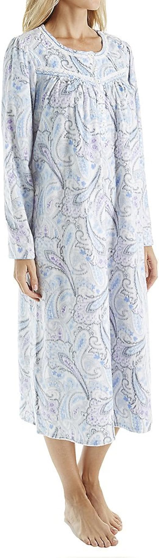 ARIA Women's Long Sleeve Ballet Micro Fleece Nightgown, White/Multi