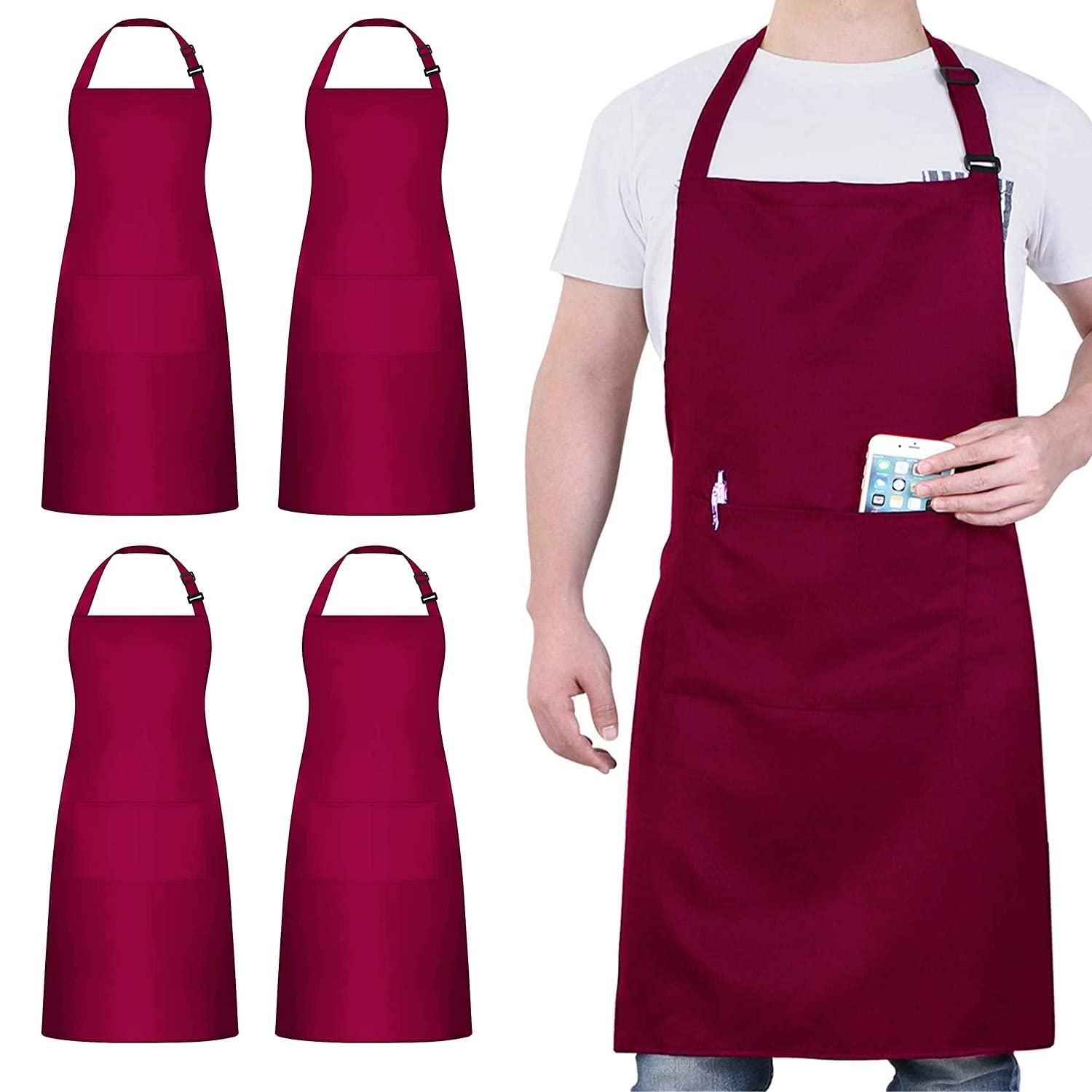 atopo 4 Packs Chef Apron, Waterproof Catering Apron with 2 Pockets, Adjustable Work Aprons Perfect for Kitchen Cooking Painting Gardening Cleaning Restaurant BBQ, Personalised Apron (Wine)