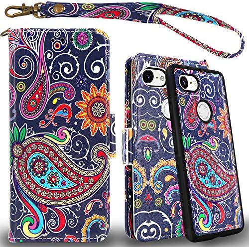 Mefon Google Pixel 3 XL Case Wallet Leather Detachable, with Tempered Glass and Wrist Strap, Enhanced Magnetic Closure, Card Slot, Kickstand, Durable Flip Folio Cases for Pixel 3 XL (Paisley 1)