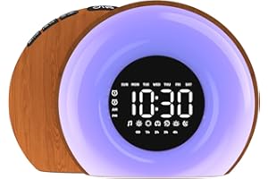OrangeLight Wake Up Light Sunrise Alarm Clock for Bedroom Sunrise Sunset Simulation 23 Natural Sounds 13 Colors Night Light Dual Alarms and Snooze Sleep Aid for Heavy Sleepers Kids Adults (Wood Grain)