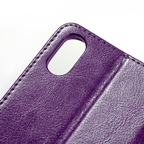 iPhone X Case, HLCT PU Leather Wallet Case, With Soft TPU Protective Bumper, Built-In Stand Kickstand, Cash And Card Pockets (Purple)