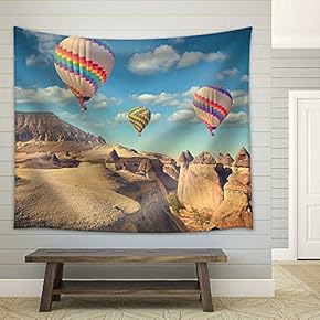 Vintage Photo of Hot Air Balloon Flying Over Rock Landscape at Cappadocia Turkey - Fabric Wall Tapestry Home Decor - 51x60 inches