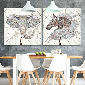 2 Panel Square Canvas Wall Art - Tribal Animals Wood Effect Canvas - Giclee Print Gallery Wrap Modern Home Art Ready to Hang - 12"x12" x 2 Panels