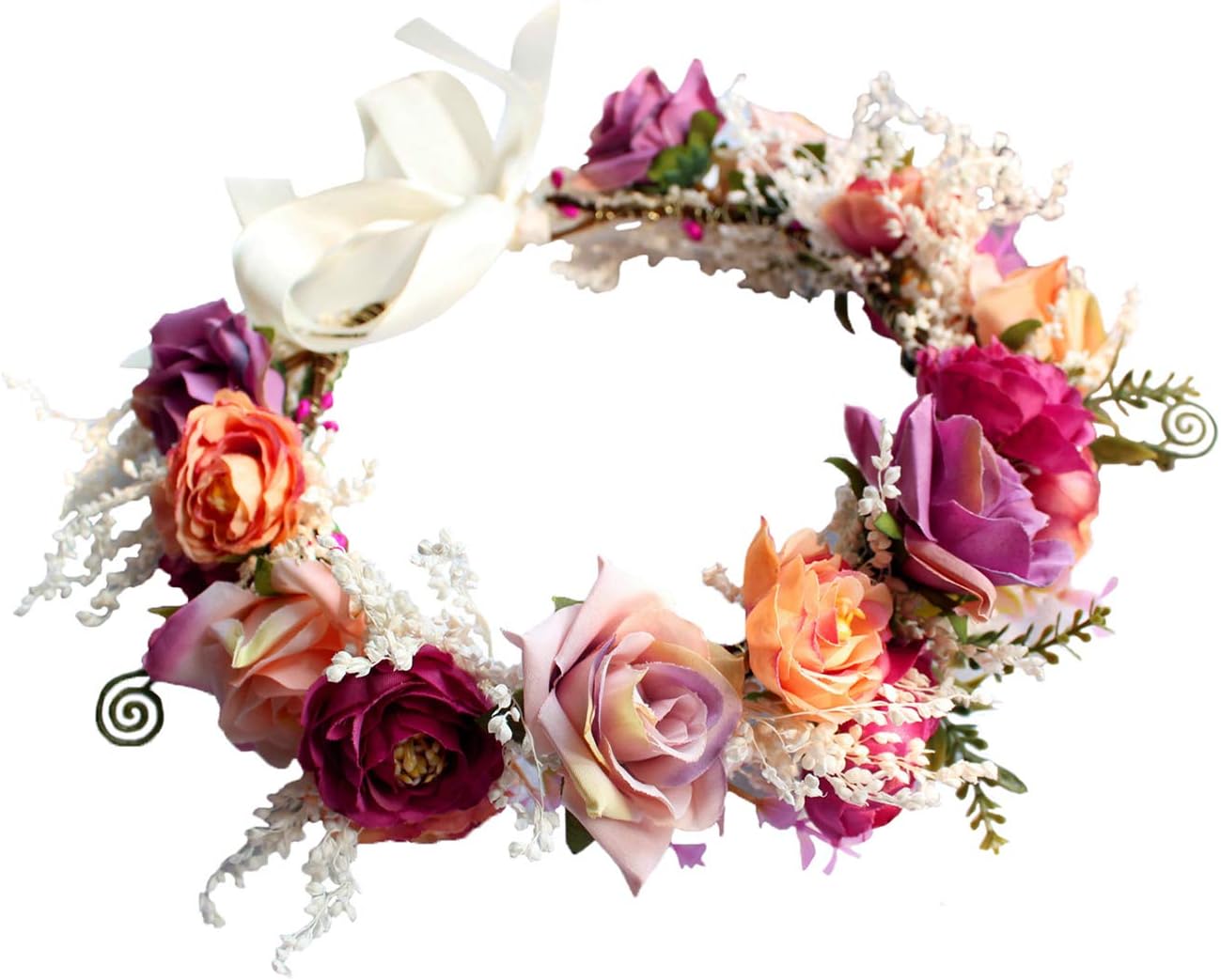 Women Floral Crown Boho Flower Headband Hair Wreath Floral Headpiece Halo with Ribbon Wedding Party Festival Photos