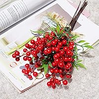 Nuxn 5 Bundles Artificial Red Berry Stems 30pcs Fake Berries with Green Leaves Berry Spray Pick Faux Berry Spray Branches Holly Christmas Berries for Festival Holiday and Home Decor