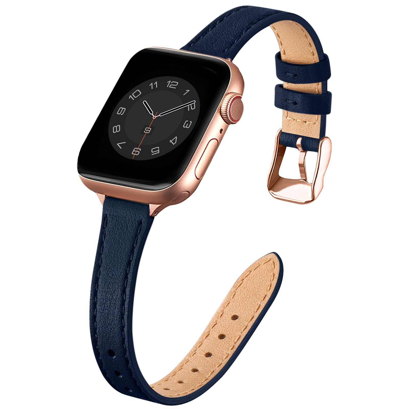 SUNFWR Compatible with Apple Watch Strap 38mm 40mm 41mm,Genuine Leather Strap Replacement,Slim&Thin Wristband for iwatch Series 7/6/5/4/3/2/1,SE(38mm 40mm 41mm,Dark blue&Rosegold)