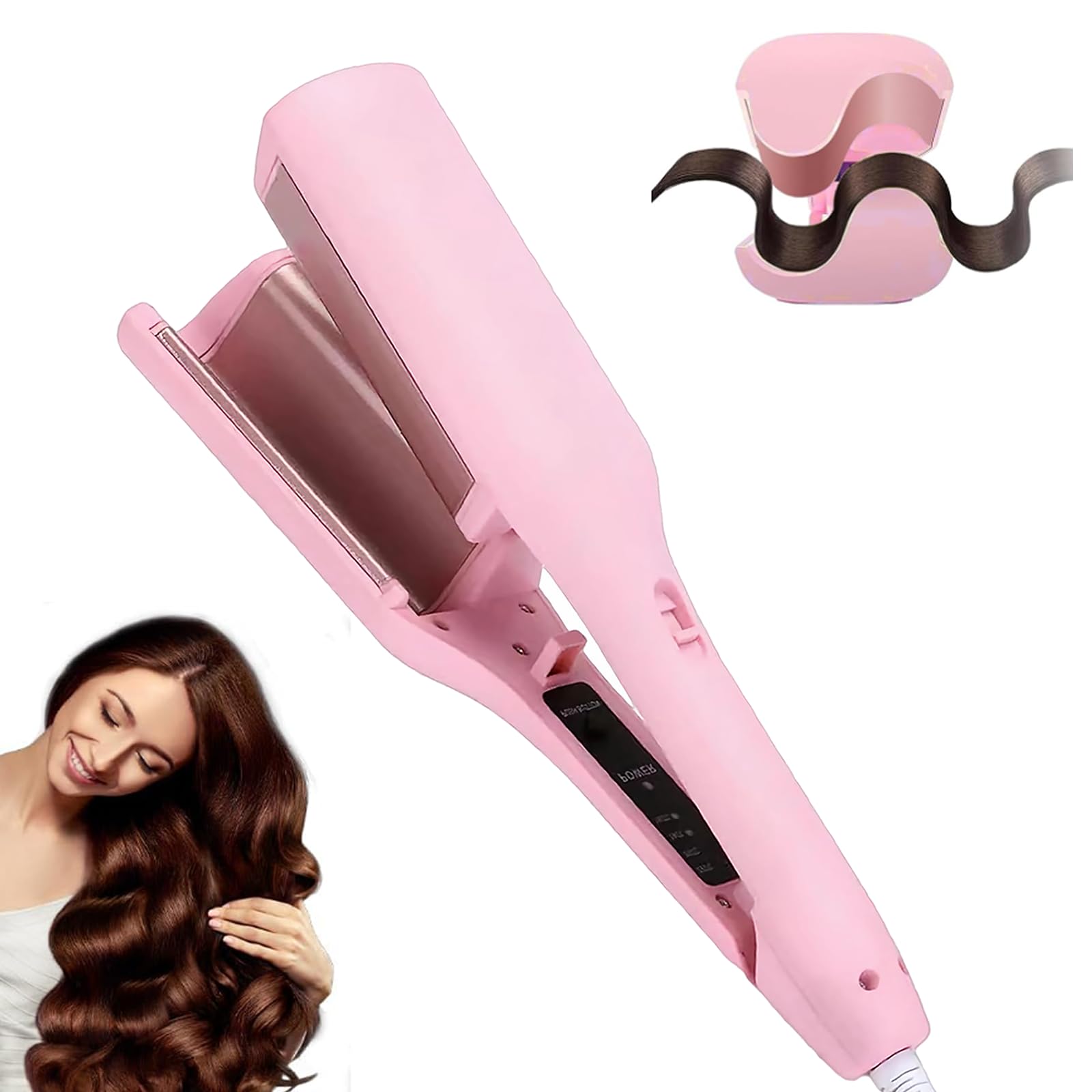 Photo 1 of Waver Curling Iron, 4 Adjustable Temp Crimper Hair Tool with 2 Ceramic Barrels, Anti-Scald, 15S Fast Heating, 1.25 Inch Crimper Hair Iron for Wide Deep Waves (Pink)