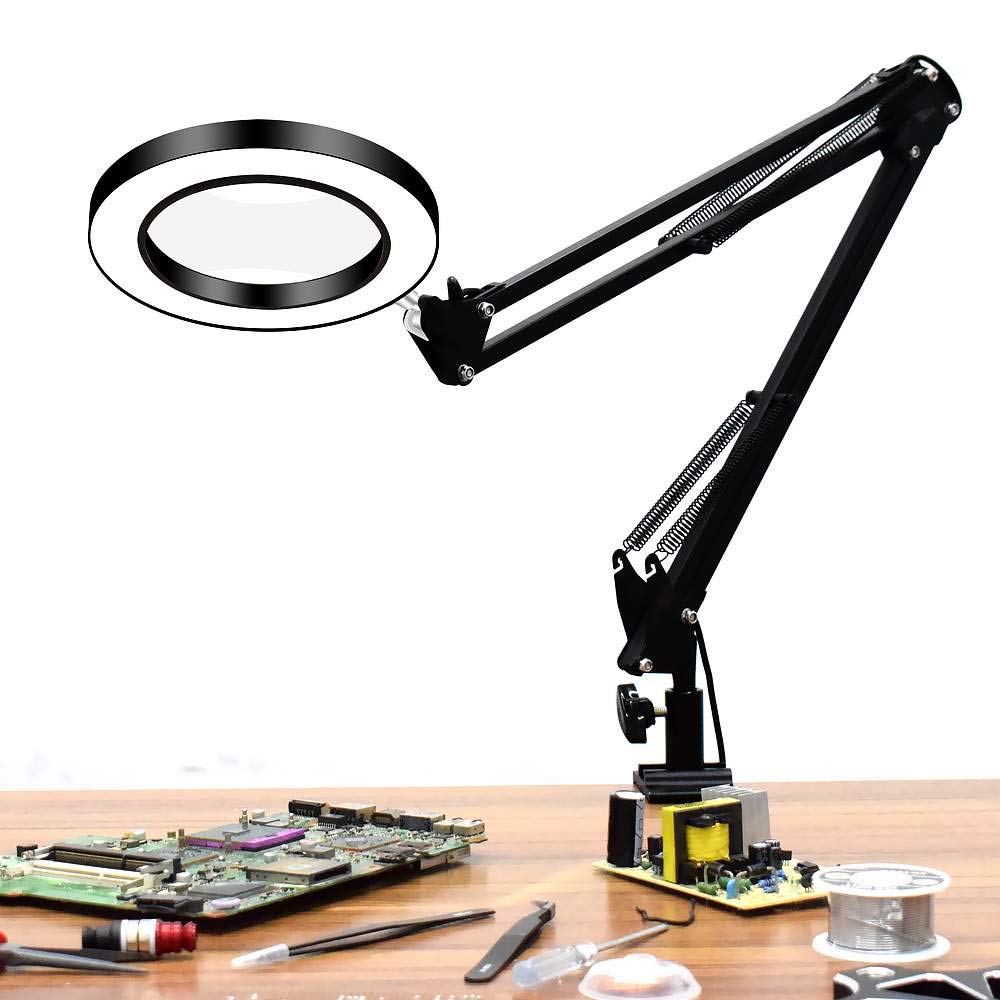 AIHG 5X LED Magnifying Glass Desk Lamp with Clamp, USB Powered Magnifier with 3 Color Modes and 10 Brightness Levels, Adjustable Metal Swivel Arm for Reading/Office/Work