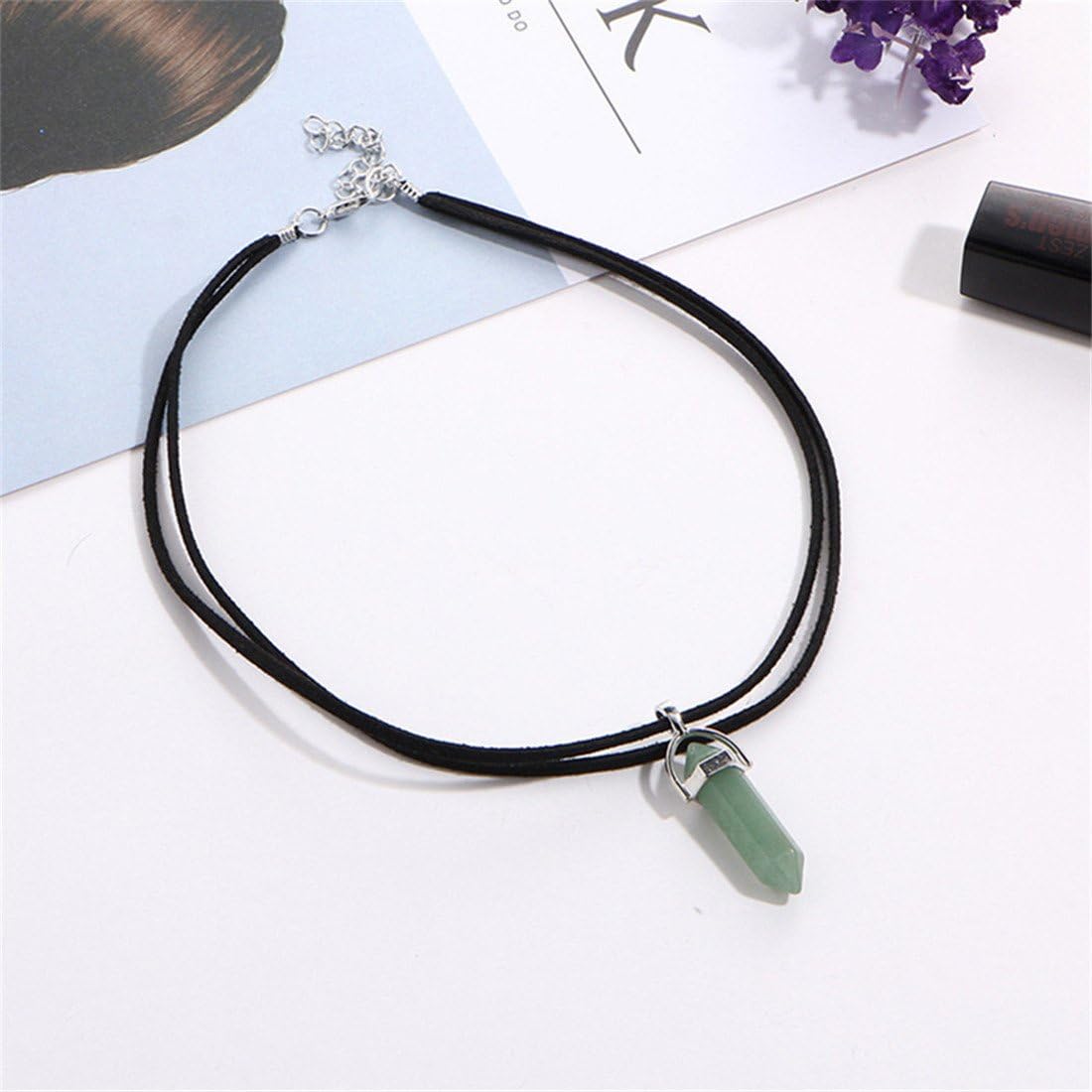 UINKE Hexagonal Chakra Energy Pendant Crystal Leather Necklace Choker Sweater Chain for Women, Light Green