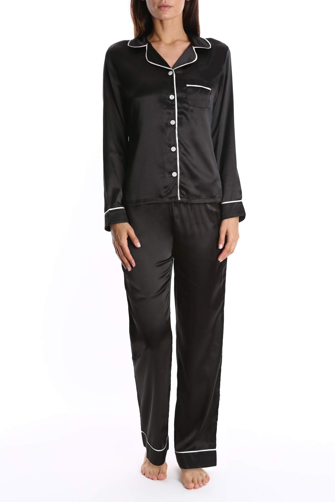Blis Women's Satin Long Sleeve Button Down Sleep Shirt and Lounge Pants PJ Set - Ladies Pajamas & Sleepwear - Midnight Black, X-Large
