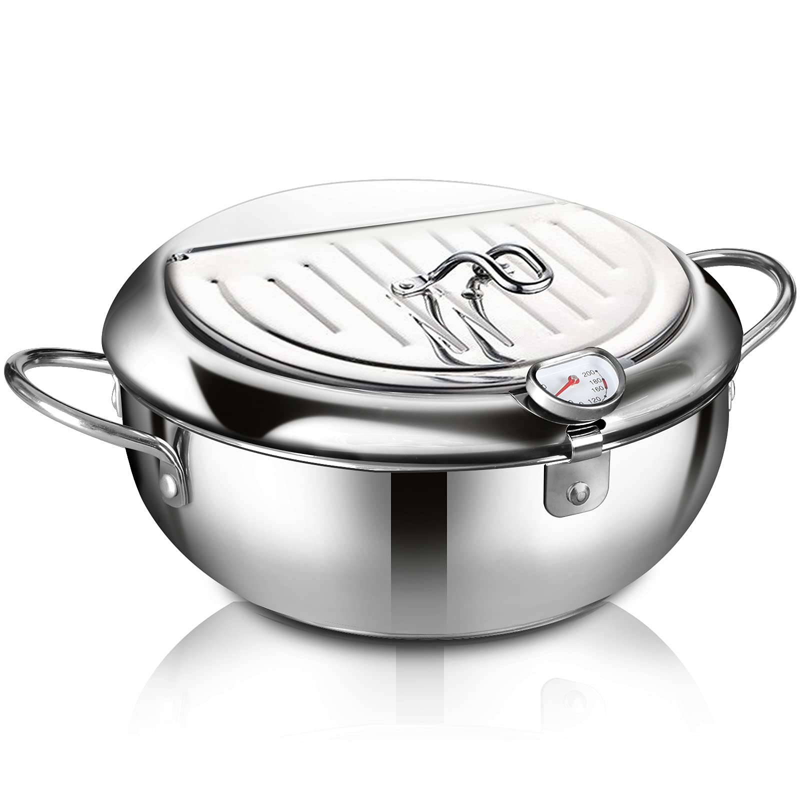 Chihee Deep Fryer with Thermometer 304 Stainless Steel Fry Pot Non-stick Frying Pot with Lid Oil Strainer Rack Beak Diversion Perfect for Family Frying Tempura, French Fries and Chicken Nuggets