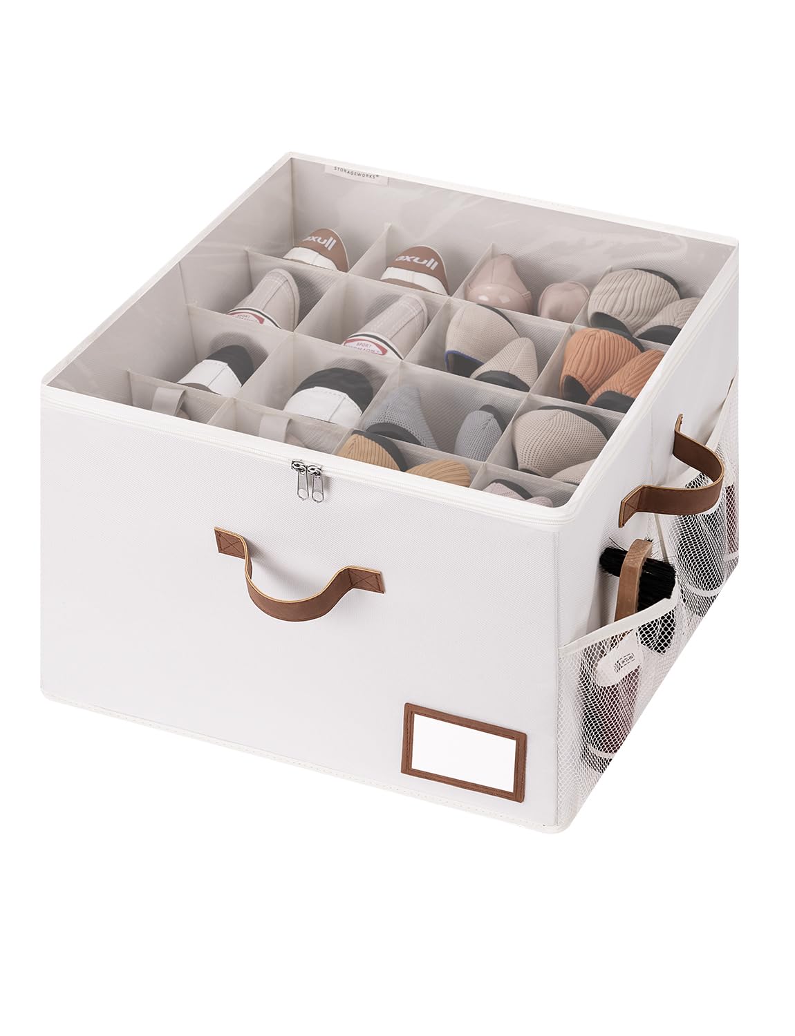 Photo 1 of StorageWorks Shoe Organizer for Closet, Fits up to 16 Pairs, Shoe Cubby Storage Containers with Side Mesh Pocket and Clear Cover, Beige