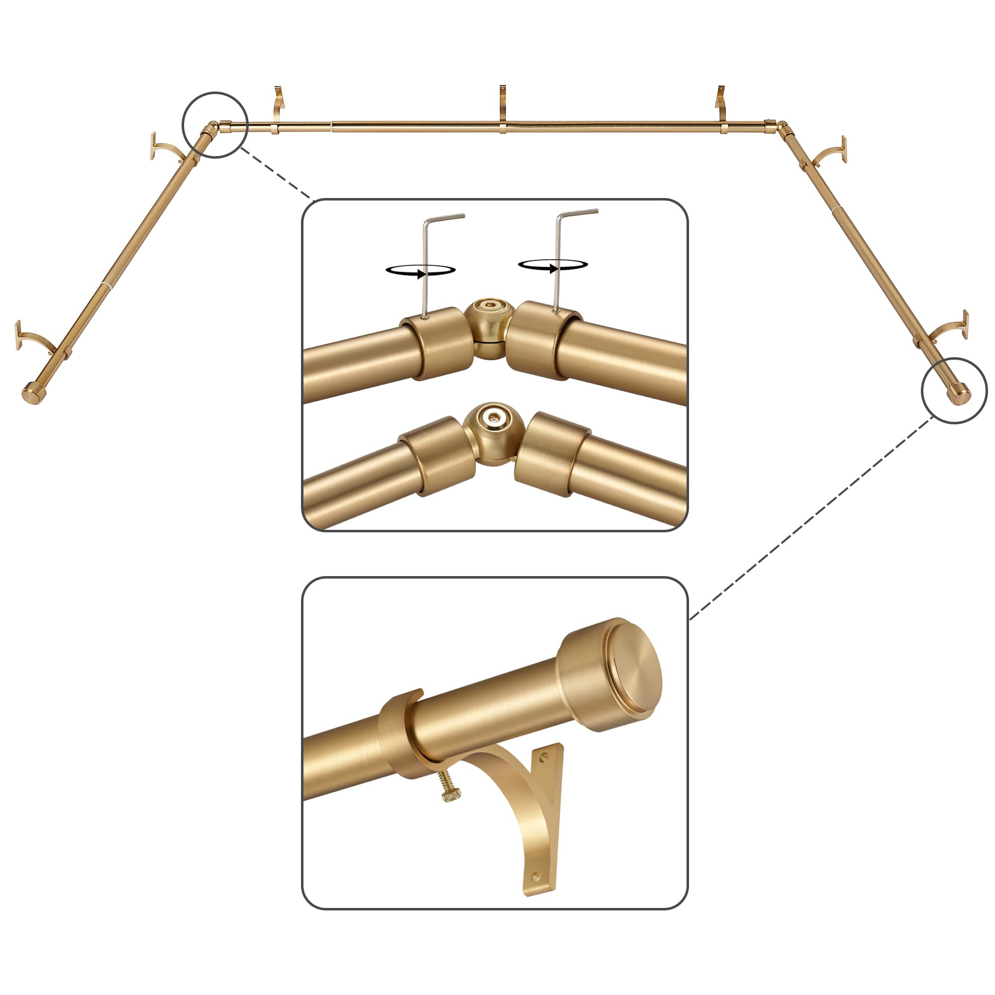 Mayrhyme Warm Gold Bay Window Curtain Rods with Aluminum End Cap Finials and Brackets,Adjustable 36-72 Inch Center Rod for windows (24-68’’), 20-36 Inch Side Rods for windows (16-32’’),1 Inch Diameter