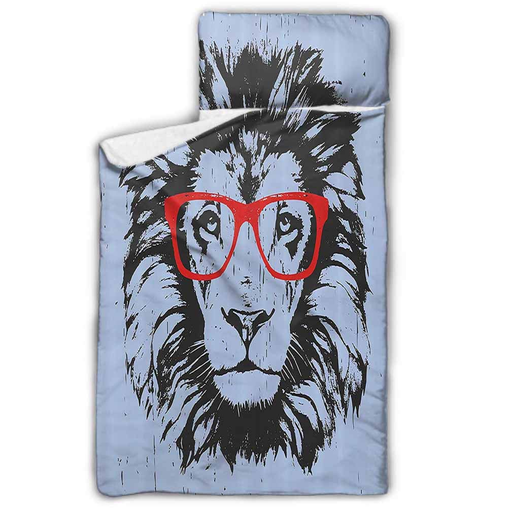 Animal Toddler Sleeping Pad Grunge Lion Portrait with Hipster Glasses Nerd Humor Comic King Illustration Suitable for Standard Cribs 50"x20" Blue Red Charcoal Grey