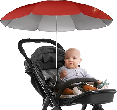 STYNGARD Sonnenschirm Kinderwagen UV Schutz 50+ / 70 cm Durchmesser mit Überhang - Sonnenschutz Kinderwagen - Sonnenschutz Buggy mit flexibler Universalhalterung Modell ROME (Rot)