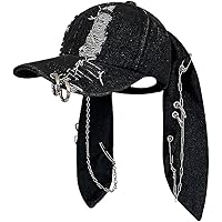 THESSNCE Y2k Punk Grunge Hat Denim Bunny Hat Chains Distressed