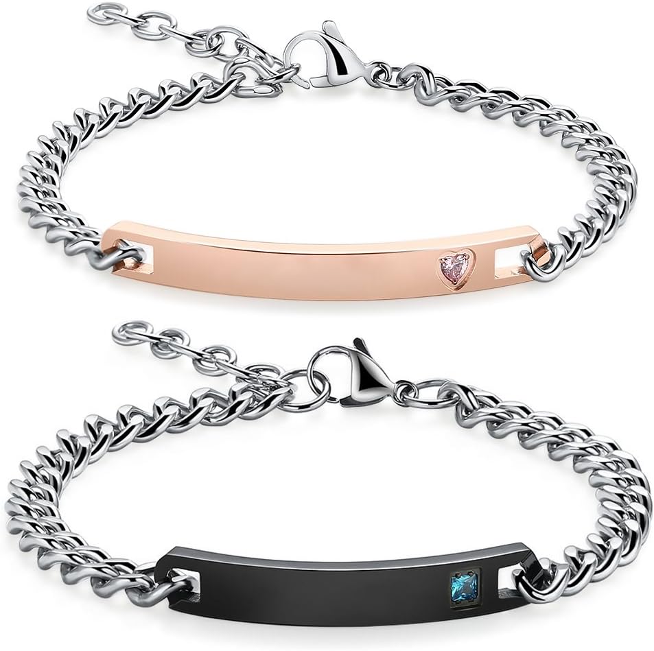 Custom Bracelet for Women Men Personalized Couple Bracelets Link Engraved Name Date ID Promise for Lover Friends