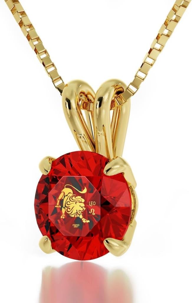 14ct Yellow Gold Zodiac Pendant Leo Necklace 24ct Gold inscribed on Crystal, 18" Gold Filled Chain - NanoStyle Jewellery