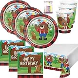 Lumberjack Bear Theme 1st Party Supplies Pack (Serves-16) Dinner Plates, Luncheon Napkins, Cups, and Tablecloth - First Lumberjack Party Supply Table Set Kit include Birthday Candles