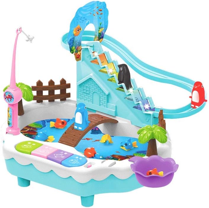 Magnetic Fishing Toy Pool Set Children's Puzzle Game Small Penguin Climb Stairs (Color : Blue, Size : Battery Rechargeable)