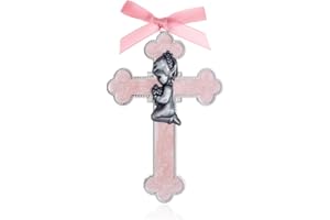 KOMI Pink Baby Wall Cross Baptism Gifts for Girls Praying Boy Cross Wall Hanging Decor Religious Catholic Baptism First Holy Communion Gifts