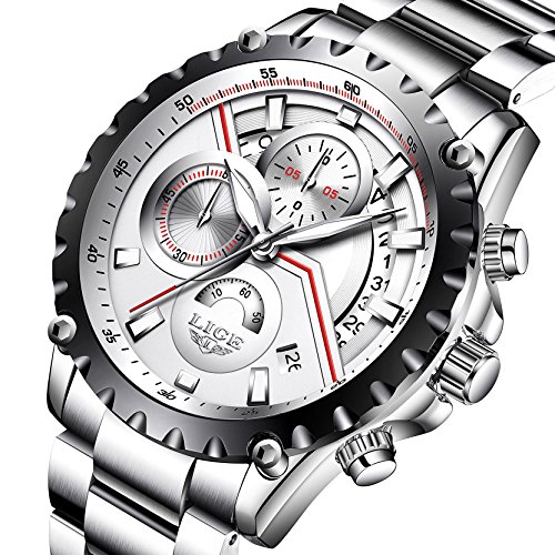 Mens Silver Stainless Steel Watches Men Chronograph Sports 30M Waterproof Luxury Unique Design Calendar Date Wrist Watch Gents Military Business Casual Heavy Analogue Quartz Watch (white)