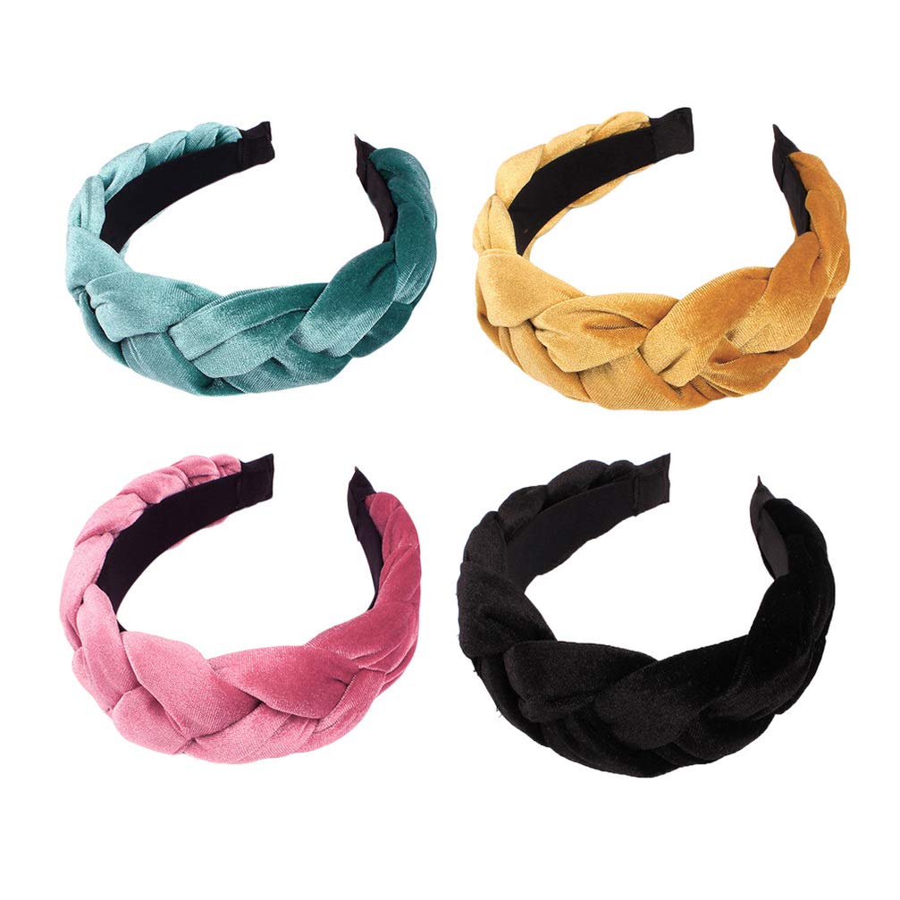 minkissy 4PCS Headbands Velvet Wide Edge Hair Hoop Vintage Twist Headband Cross Knot Hairbands for Women Girls (Black/Pink/Yellow/Green)