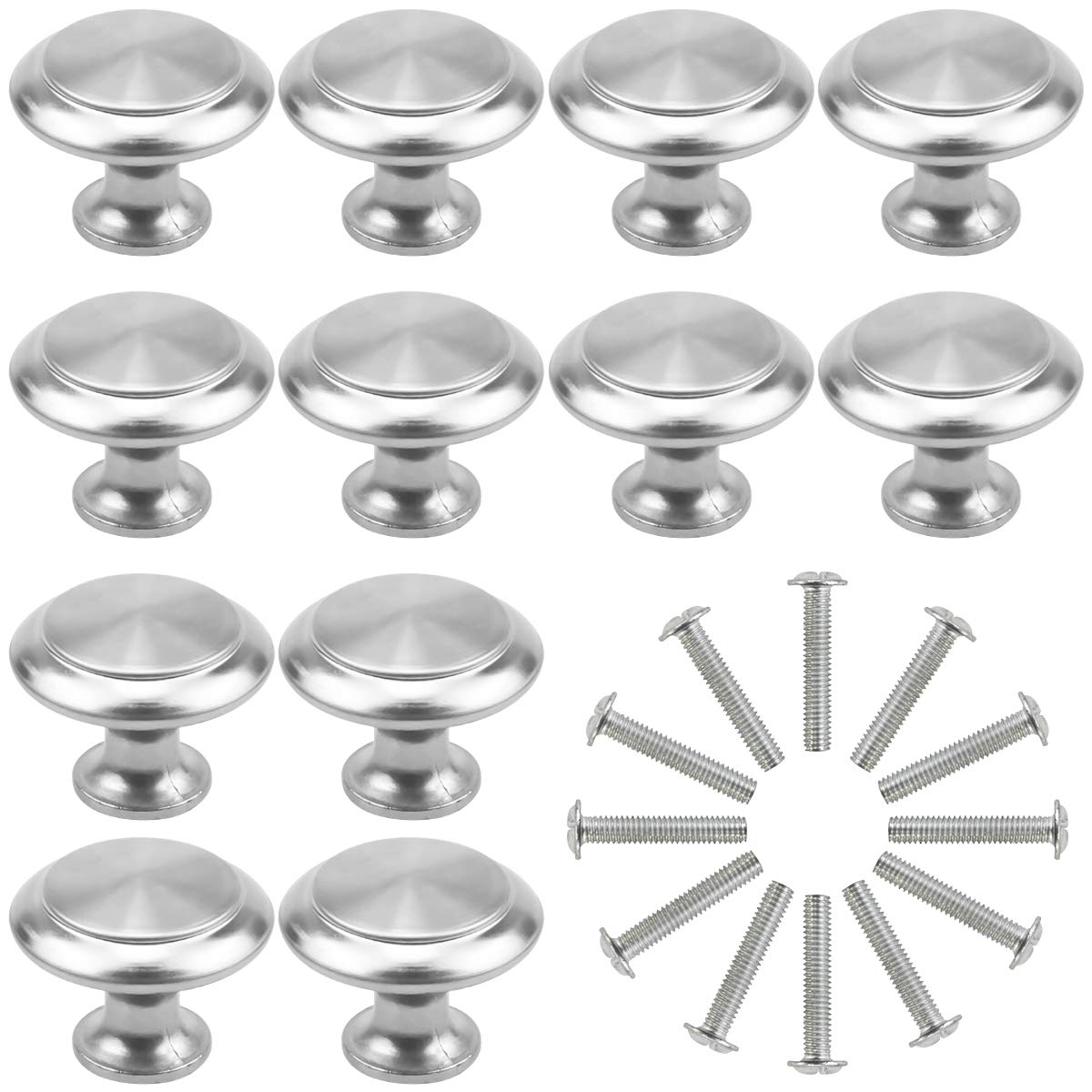 NATUCE 12PCS Matted Silver Cabinet Knobs, Round Mushroom Drawer Knobs, 30MM Aluminum Alloy, Drawer Pull Handle, Cabinet Knobs, Door Pulls with Screws for Cupboard Wardrobe Furniture - Single Hole