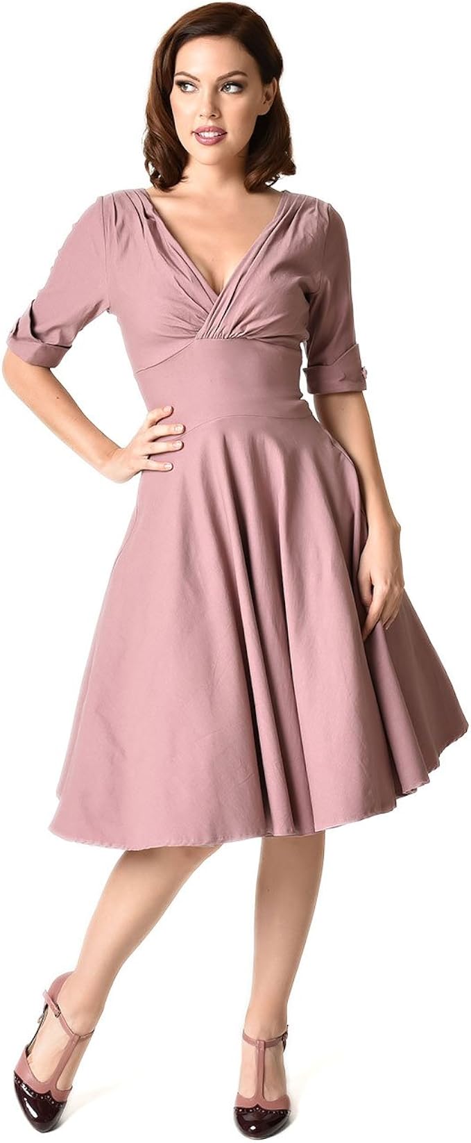 Amazon.com: Unique Vintage 1950s Mauve Delores Swing Dress with Sleeves: Clothing