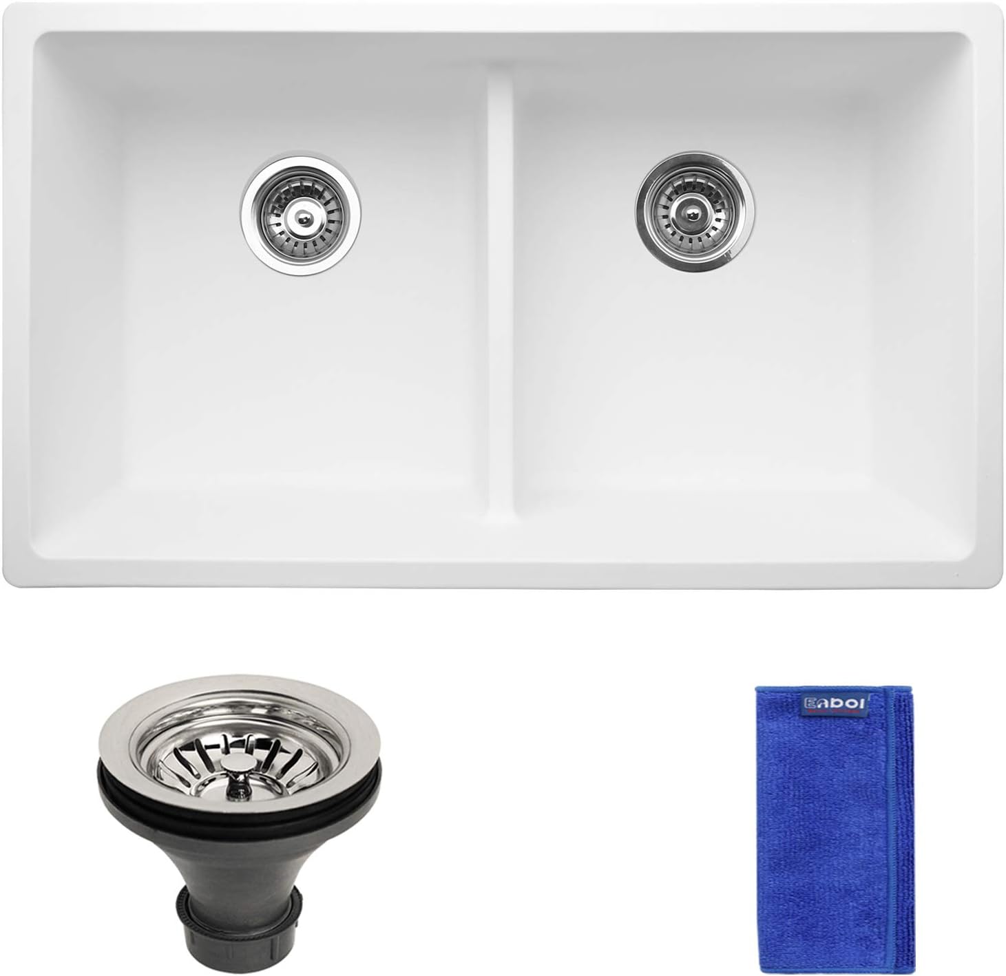 Enbol GD-3118-W 31 Inch White Color 50/50 Low Divide Double Bowl Highly Durable Granite Composite Quartz Undermount Kitchen Sink, More Workspace