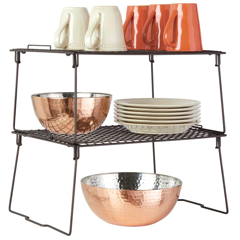 mDesign Metal Stackable Storage Shelf - 2 Tier Raised Food and Kitchen Organizer for Cabinets, Pantry Shelves, Countertops, Closet, 2 Pack, 12" x 17" x 8.4" - Bronze