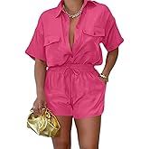 Euulin 2 Piece Outfits for Women Button Down Lightweight Short Sleeve Shirts Loungewear Summer Shorts Sets With Pockets