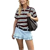 Women's Y2K Striped Rugby Shirt Collared Neck Button Up Polo Short Sleeve Vintage Tee Preppy Grunge Streetwear Top