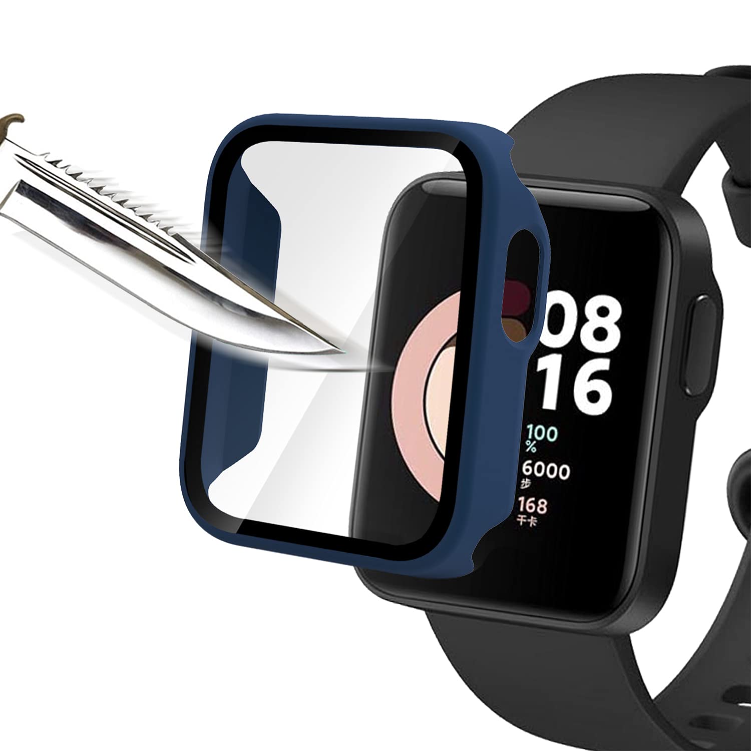 Msm-case -blue with Tempered Glass Screen Protector Film for Mi Watch Lite, 9H Hardness PC Case, Bumper, Slim Full Protective Case for Smart Mi Watch Lite