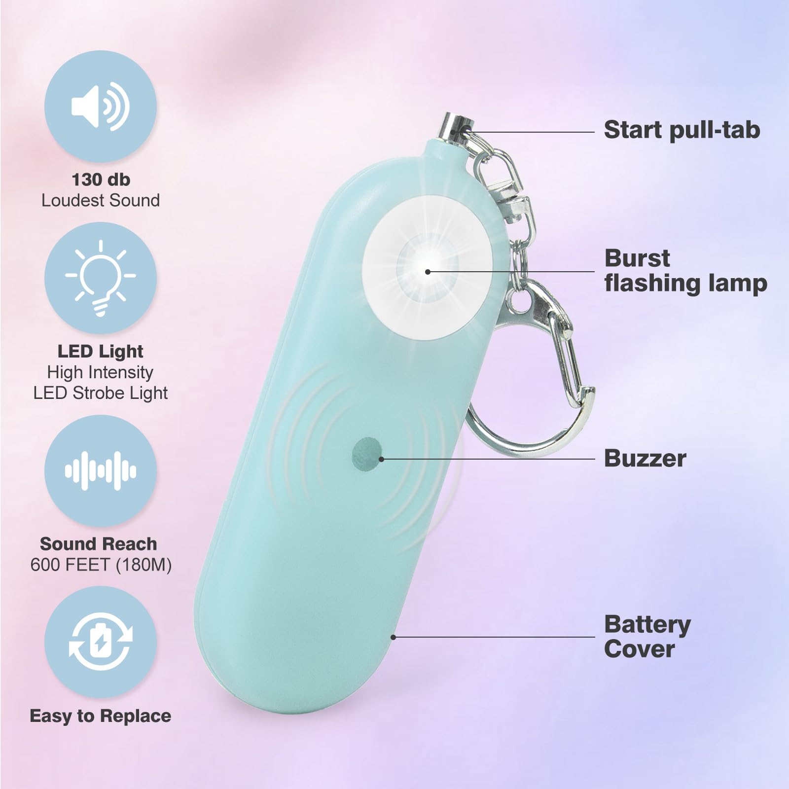 MtMinn Personal Safety Alarm for Women - 130dB Self Defense Keychains Siren Whistle, Replaceable Battery with SOS LED Strobe Light - Emergency Security Safe Protection Devices for Kids Elderly