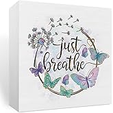 Just Breathe Wooden Box Sign Decor, Inspirational Mental Health Gifts Decoration, Dandelion Flower Decor Signs for Home Office Bathroom Shelf Decoration
