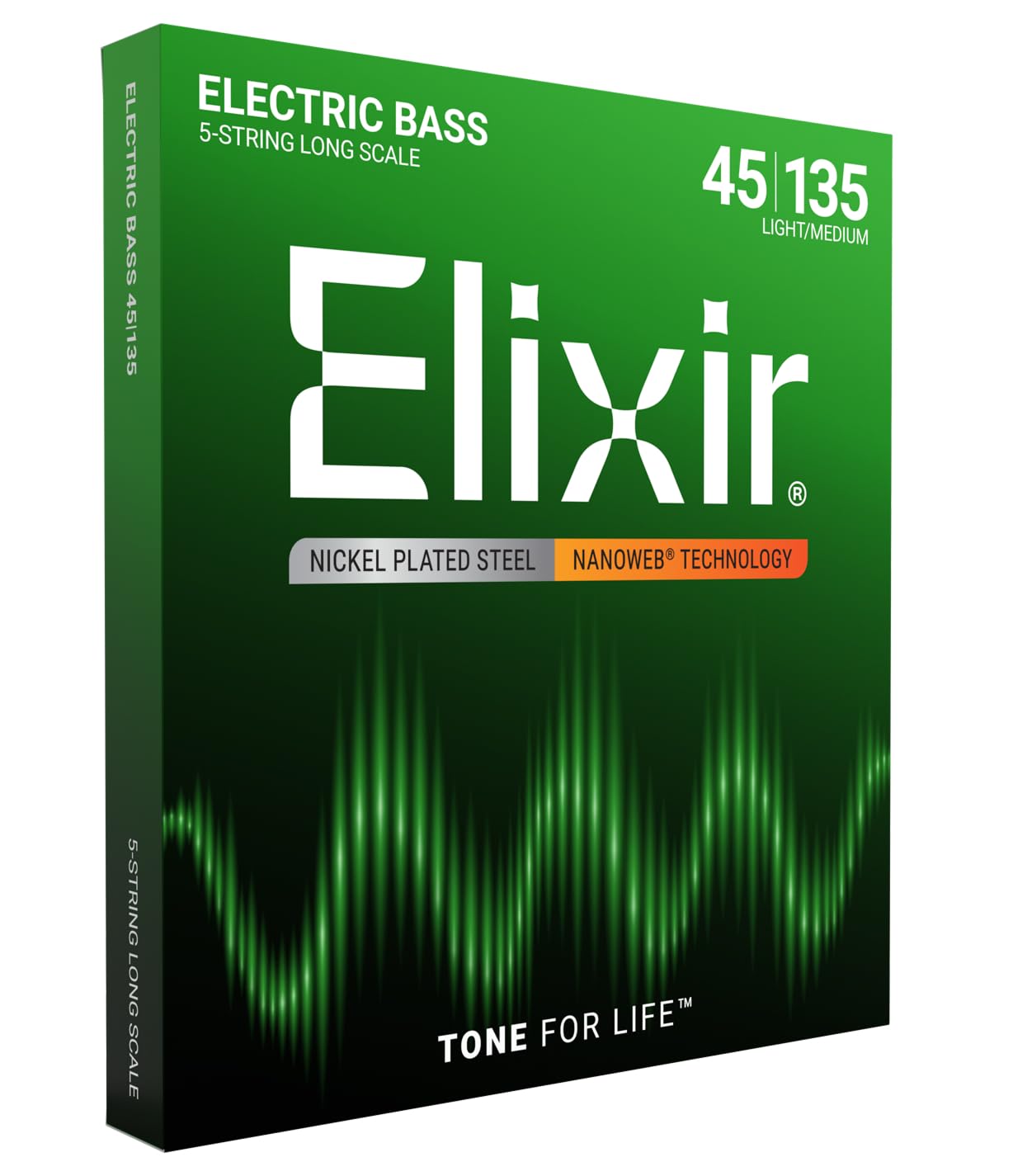 Elixir 14207 Strings Nickel Plated Steel 5-String Bass Strings w NANOWEB Coating, Long Scale, Light/Medium (.045-.135)