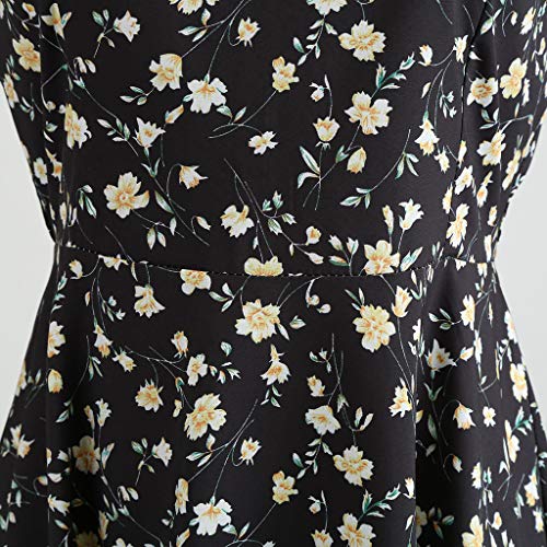 Gogoodgo Waistband Dresses for Women, Ladies Vintage V Neck Short Sleeve Dress 1950s Retro Printing Swing Dress Black