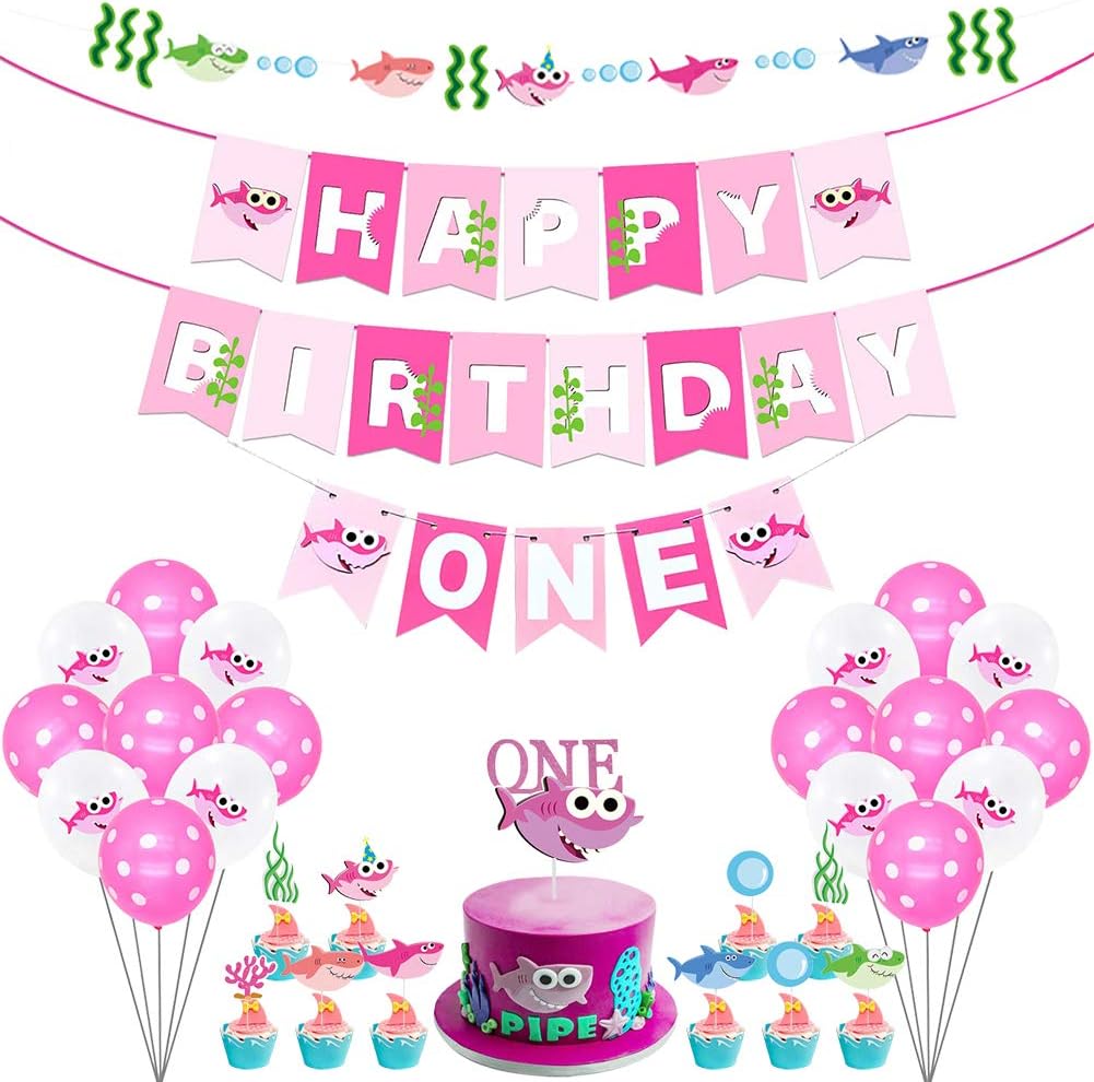 LOCCA Pink Baby Shark Party Supplies for Girls Kids, 1st Birthday Decorations Kit for Cake Smash Backdrop, Includes Shark Cake Topper, Birthday Banner, Highchair Banner for Baby Girl's First Birthday
