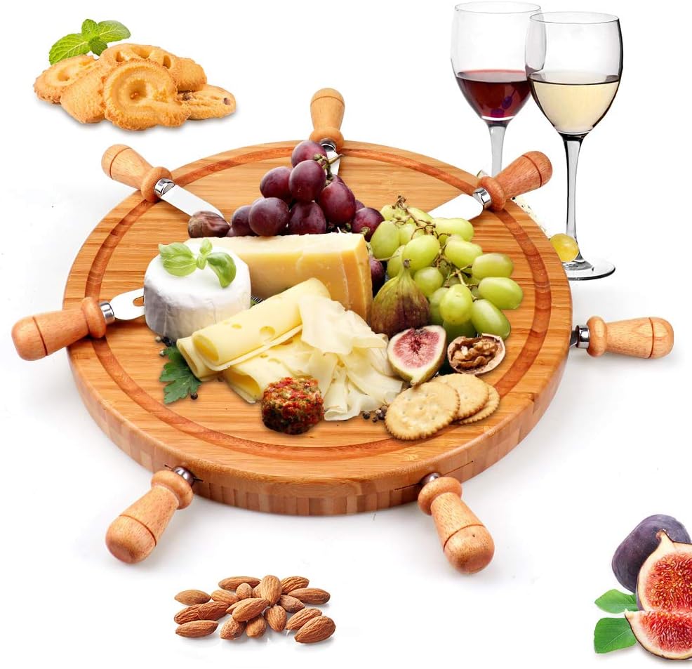 Round Bamboo Cheese Board Set, Cheese Tray, Charcuterie Board and Serving Meat Platter with 7 Stainless Steel Cheese Knives, Ideal for Wedding Gifts Christmas Birthday Party