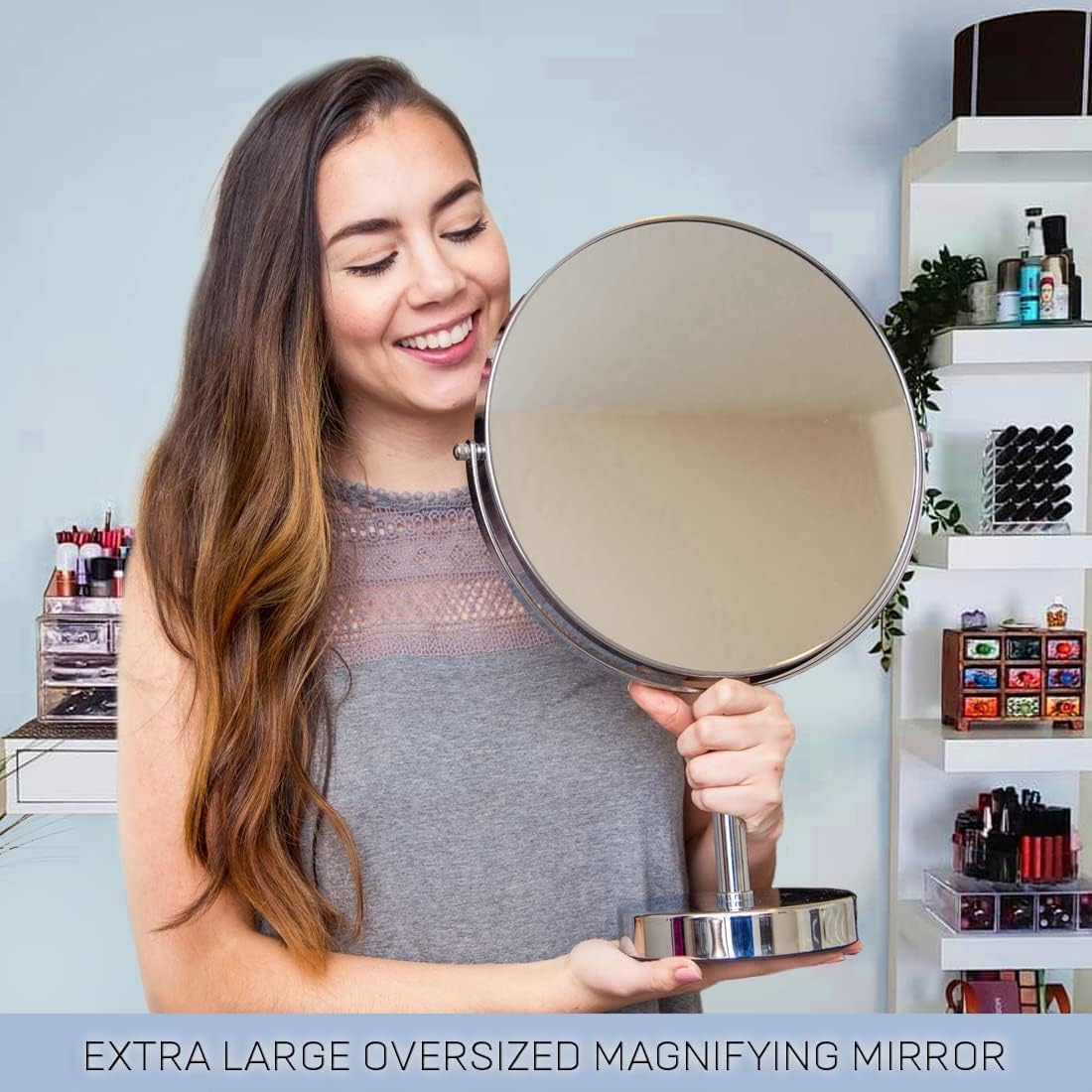 XXLarge Oversized 3X Weak Magnifying Mirror with Stand for Desk, Table, Retail Store Countertop, and Makeup Vanity - Double Sided 3X/1X Magnification - 17