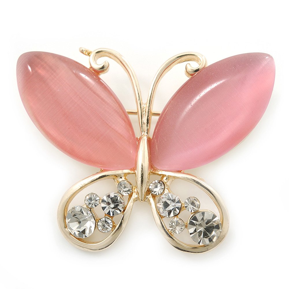 Pink Cat's Eye Stone/Diamante Butterfly Brooch In Gold Plating - 40mm Width