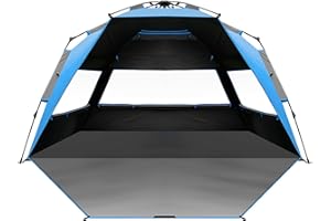 OutdoorMaster Beach Tent with Blackout Shelter Technology, Portable Sun Shade Shelter 4 Person, Pop Up Beach Tents with UPF 50+ UV Protection, 9.5mm Thick Pole, 3 Ventilating Mesh Windows -Blue