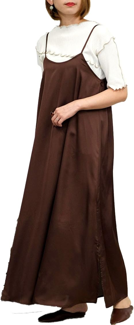 Amazon Co Jp アンドジェイ サテン キャミ ワンピース 4691 レディース ロング フレア 裏地 M ブラウン 服 ファッション小物