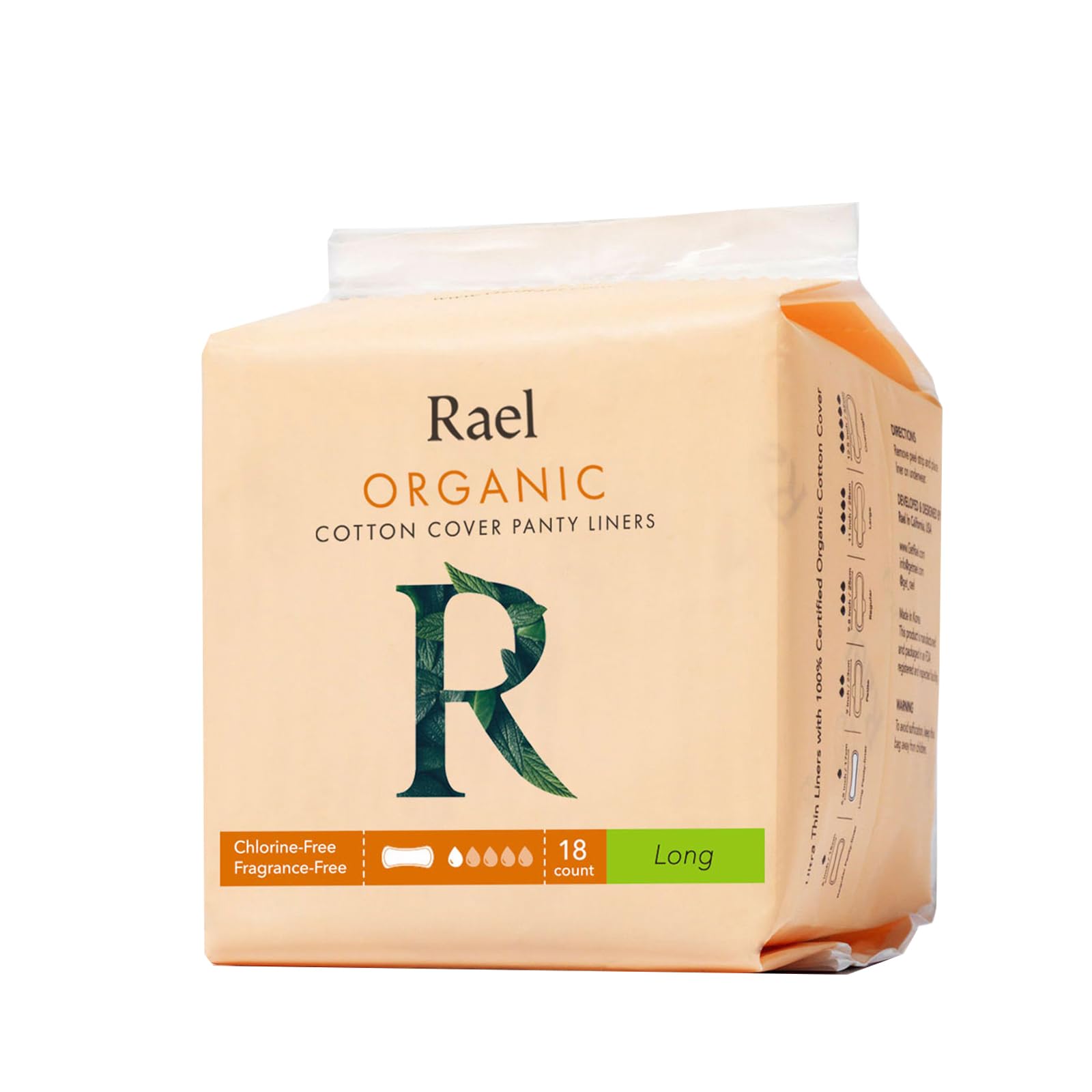 Rael, Organic Cotton Cover Panty Liners, Long, 18 Count