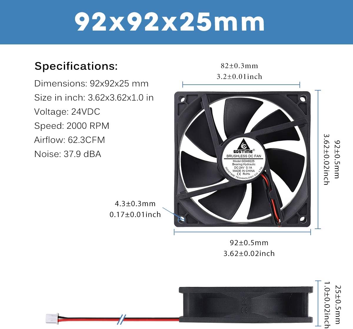 GDSTIME 92mm 24V Fan 92 x 25mm PC Fan 2 Pin 9225 24V DC Brushless CPU Case Cooler for Computer Game Console Xbox Router TV box Cooling - Image 3