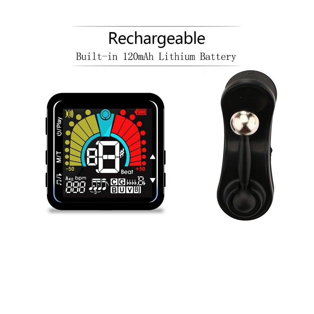 Afinador Digital Guitarra, Bess, Ukulele, Violín, Banjo, 2 en 1 Metrónomo y Sintonizador Recargable por USB con Gran Pantalla Cromática Rotación de 360°Grados[Versión actualizada]