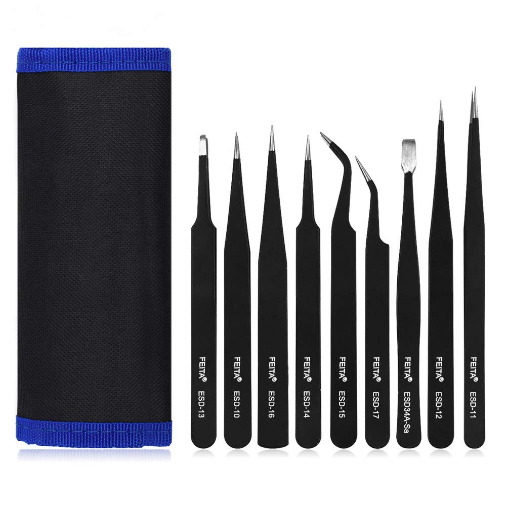 Precision Tweezer Set - FEITA Professional ESD Stainless Steel Anti Static Tweezers Kit for Electronic, Craft, Jewelry, Watchmakers, Hobby (Black 9 Pcs)